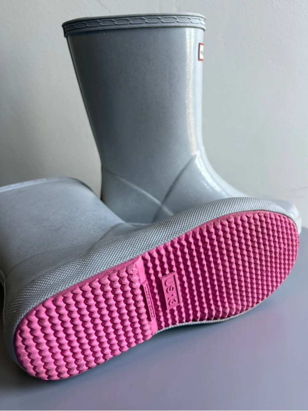 Hunter Rain Boots, Sparkly Silver w Pink Soles. Size 13. Like New